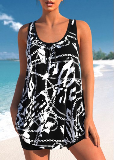 ROTITA Brush Stroke Chain Print Wide Strap Black Tankini Top