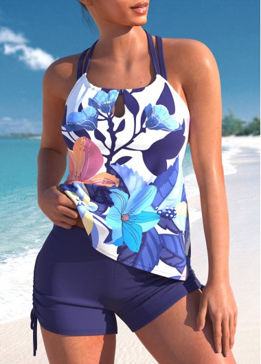 ROTITA Floral Print Cross Strap Purple Tankini Set