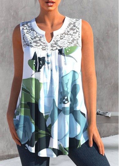 ROTITA Lace Stitching Floral Print Light Blue Tank Top