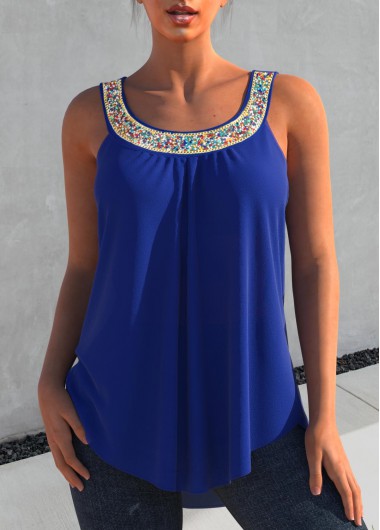Royal Blue tops,Plain Color tops,ROTITA Hot Drilling Royal Blue Wide Strap Tank Top