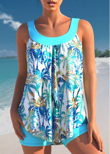 Cyan swimwear,Plants swimwear,ROTITA Tropical Print Wide Strap Cyan Tankini Set