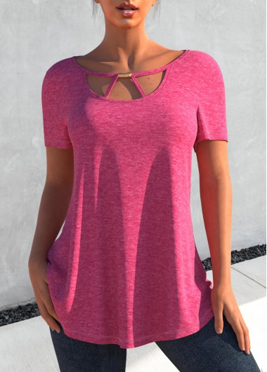 Hot Pink tops,Plain Color tops,ROTITA Rose Red Short Sleeve Cutout T Shirt