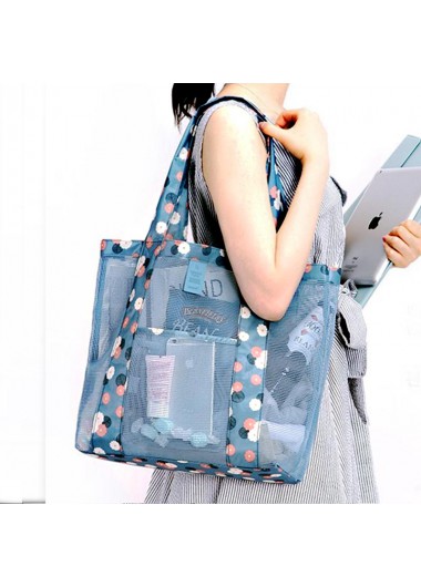 Blue accessories,Plain Color accessories,Ditsy Floral Print Dusty Blue Fishnet Panel Beach Bag