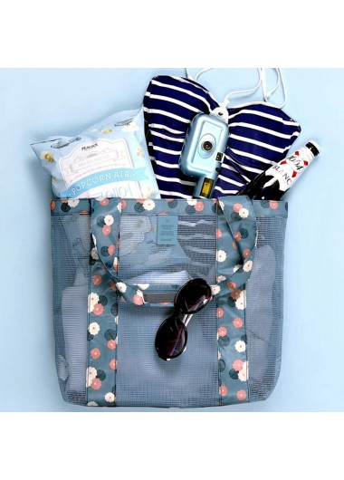 Blue accessories,Plain Color accessories,Ditsy Floral Print Dusty Blue Fishnet Panel Beach Bag
