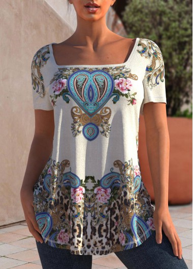 Beige tops,Tribal tops,ROTITA Square Collar Tribal Print Beige T Shirt