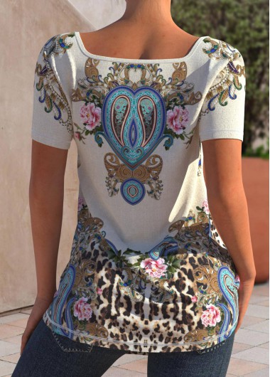 Beige tops,Tribal tops,ROTITA Square Collar Tribal Print Beige T Shirt