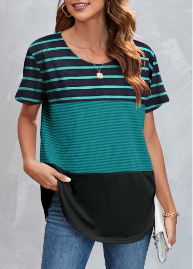 Green tops,Striped tops,ROTITA Striped Round Neck Green Short Sleeve T Shirt
