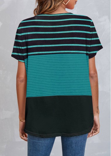 Green tops,Striped tops,ROTITA Striped Round Neck Green Short Sleeve T Shirt