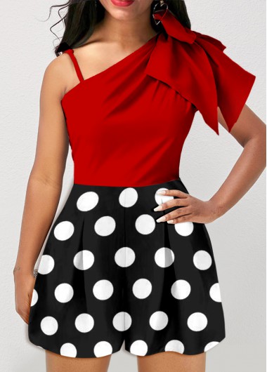 Red jumpsuits & rompers,Dot jumpsuits & rompers,ROTITA Polka Dot Bowknot Red Asymmetric Design Romper