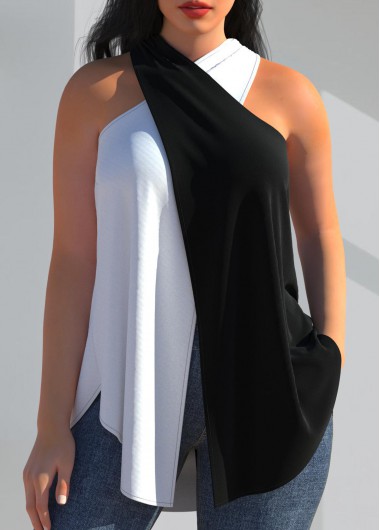 Black tops,Contrast Color tops,ROTITA Black Cross Halter Sleeveless Contrast Tank Top