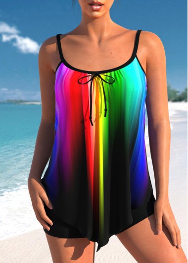 Rainbow Color swimwear,Ombre swimwear,ROTITA Rainbow Color Ombre Bowknot Tankini Top