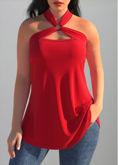 Red tops,Plain Color tops,ROTITA Cross Halter Red Open Back Tank Top
