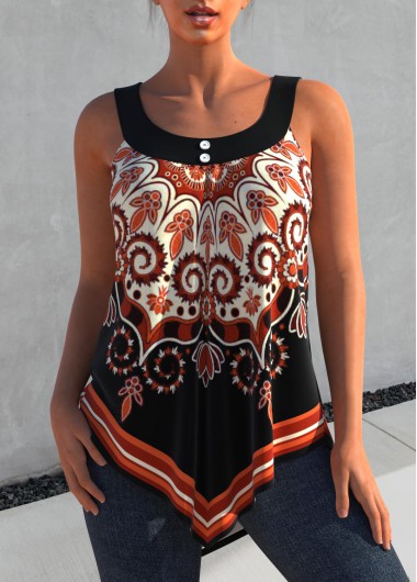 Orange tops,Tribal tops,ROTITA Tribal Print Orange Asymmetric Hem Tank Top