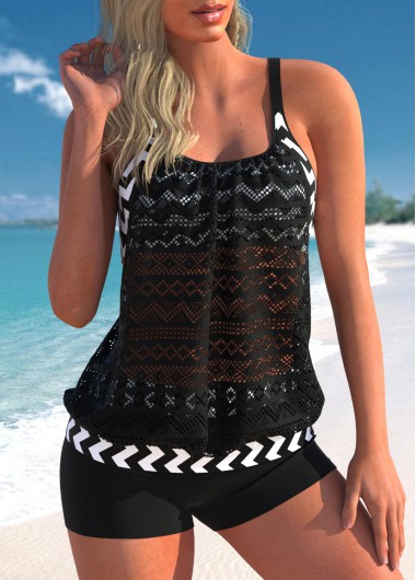 Black swimwear,Chevron swimwear,ROTITA Lace Patchwork Black Geometric Print Tankini Set