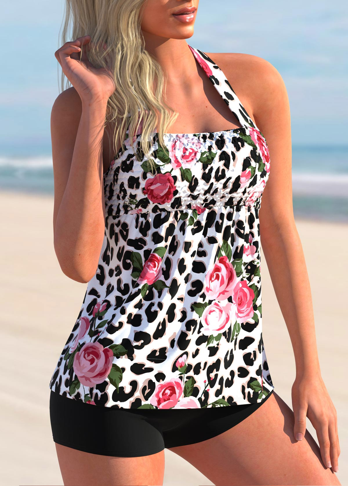 Multi Color swimwear,Floral swimwear,ROTITA Leopard Floral Print Halter Tankini Set 