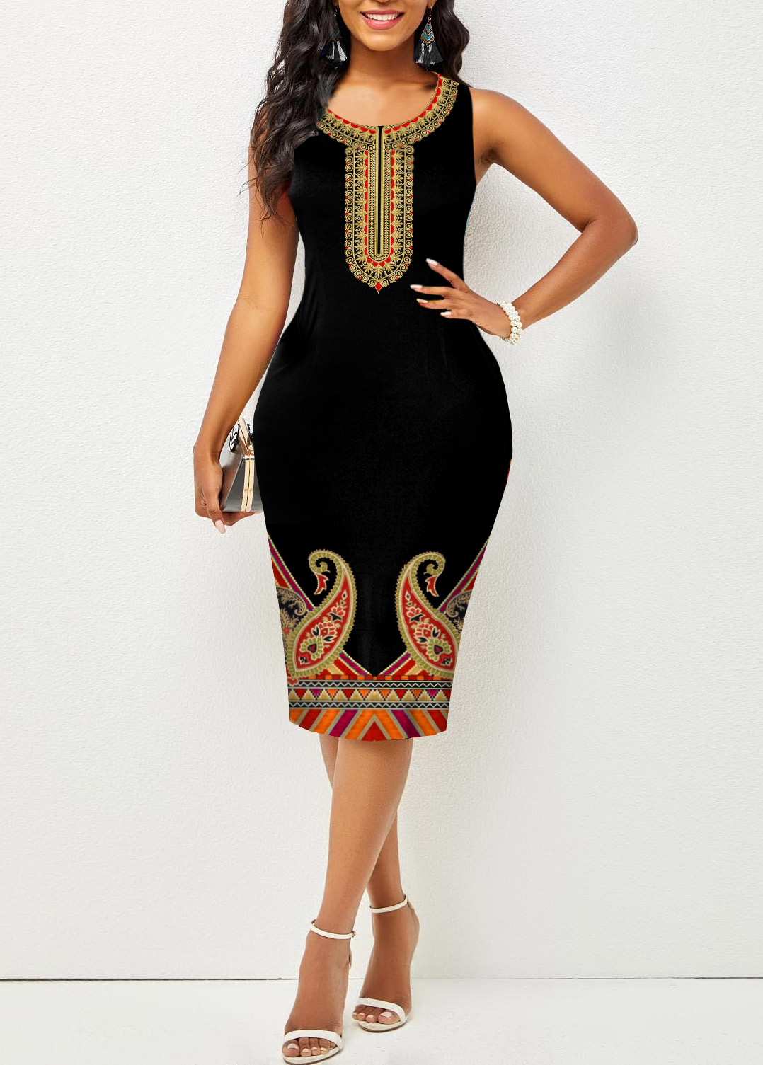 Tribal Print Sleeveless Black Bodycon Dress