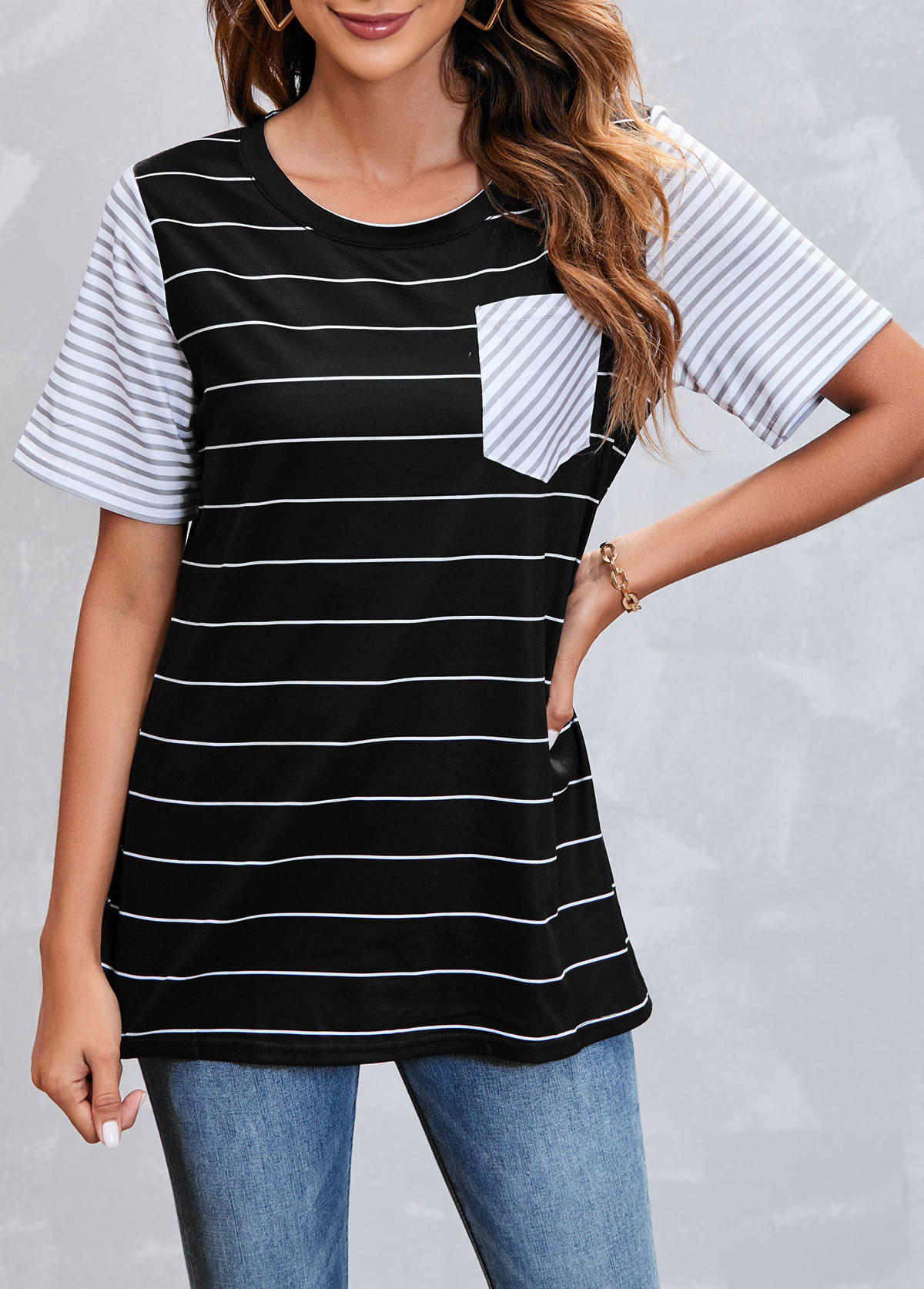 Black tops,Striped tops,Striped Pocket Short Sleeve Black T Shirt