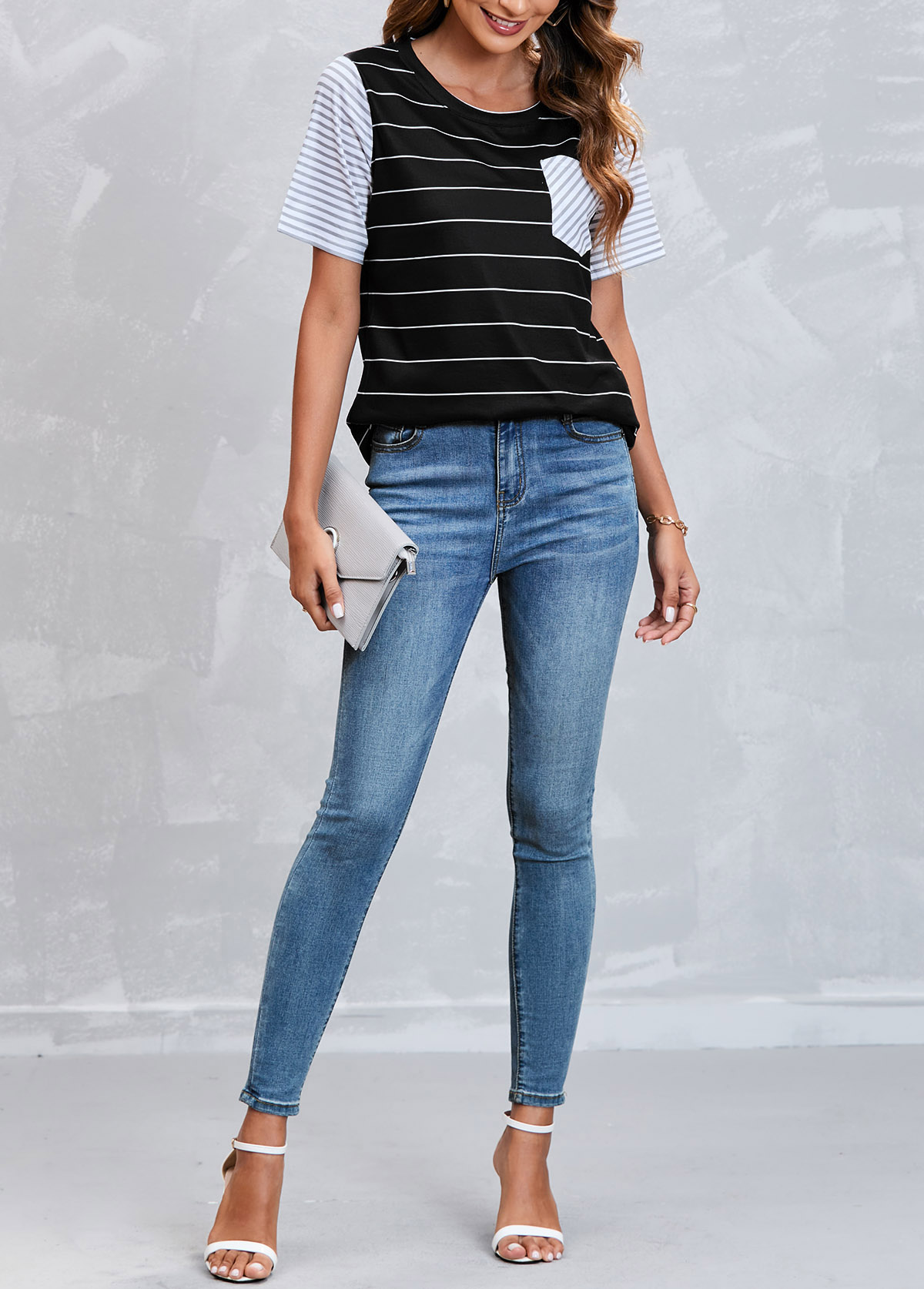 Black tops,Striped tops,Striped Pocket Short Sleeve Black T Shirt