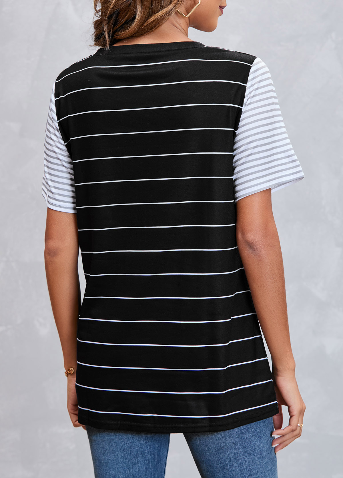 Black tops,Striped tops,Striped Pocket Short Sleeve Black T Shirt
