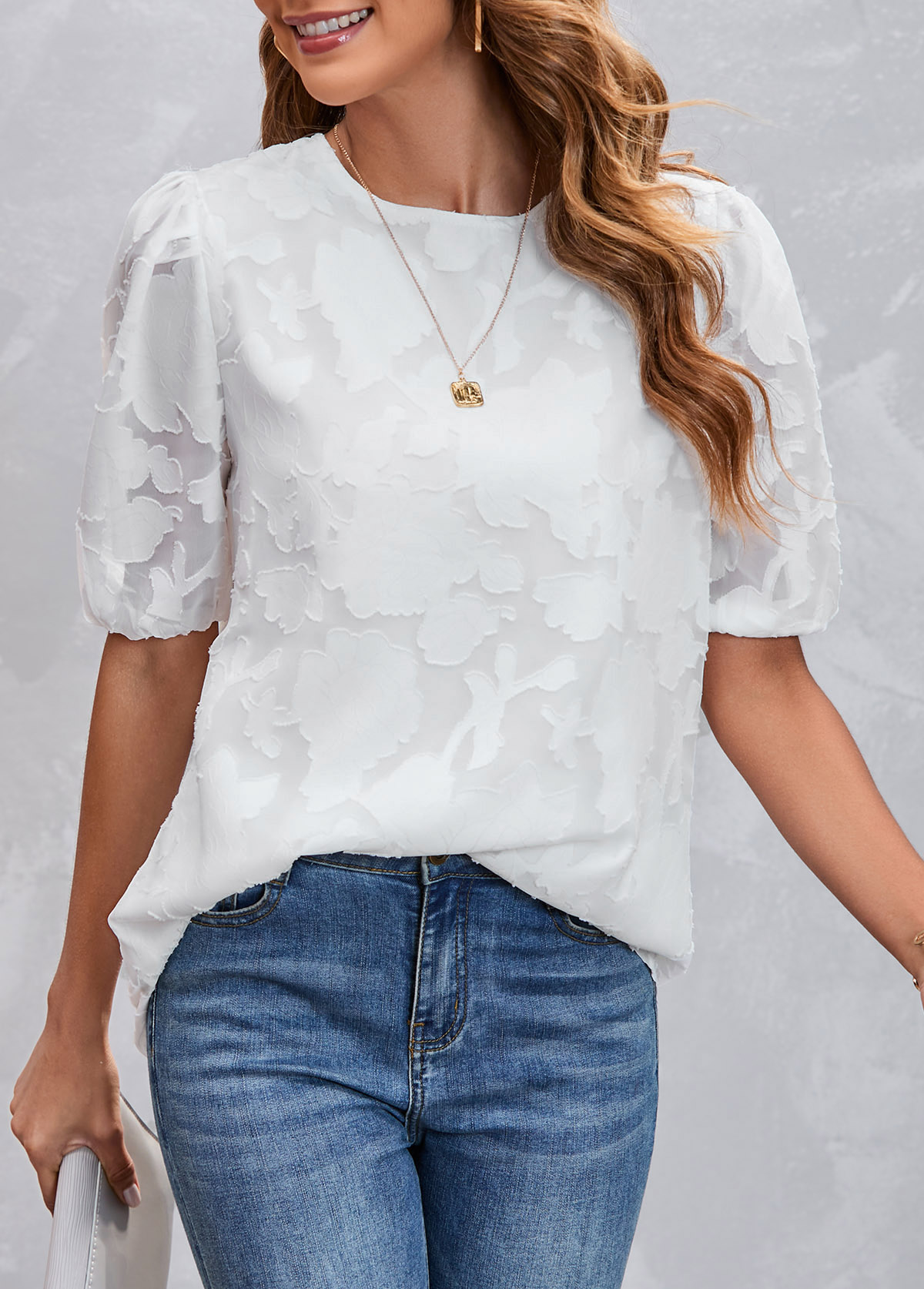 White tops,Plain Color tops,White Chiffon Floral Print Round Neck Blouse