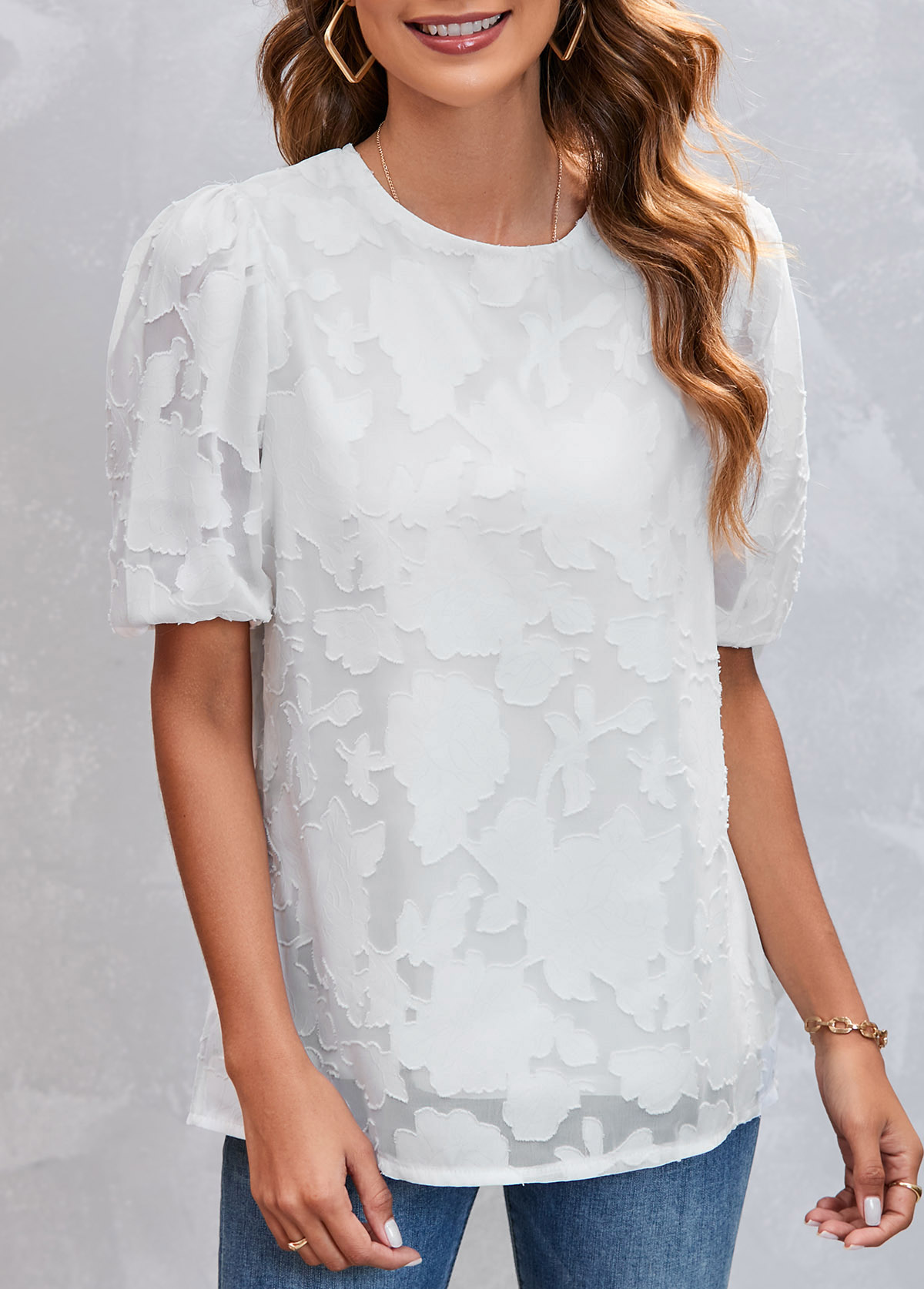 White tops,Plain Color tops,White Chiffon Floral Print Round Neck Blouse