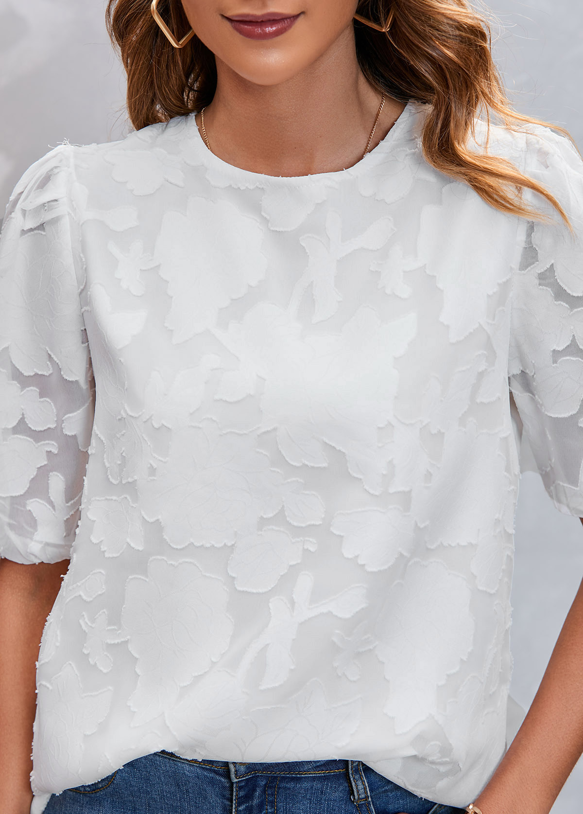 White tops,Plain Color tops,White Chiffon Floral Print Round Neck Blouse