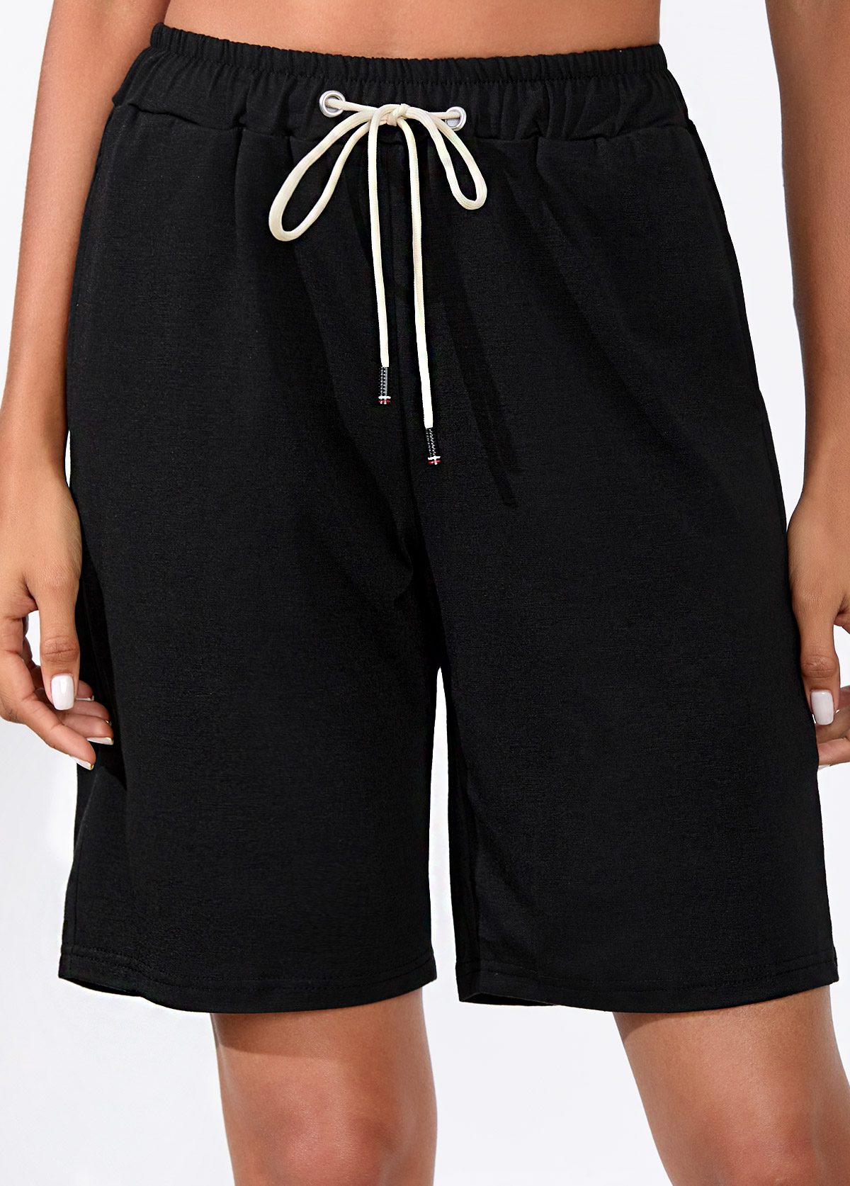 Black Drawstring Waist Double Side Pockets Shorts