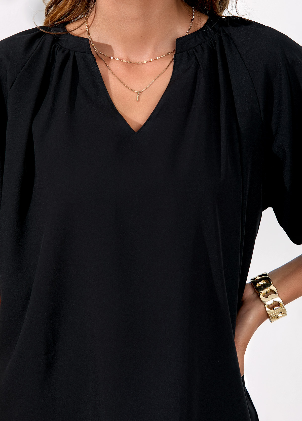 Black tops,Plain Color tops,Split Neck Black Half Sleeve Blouse