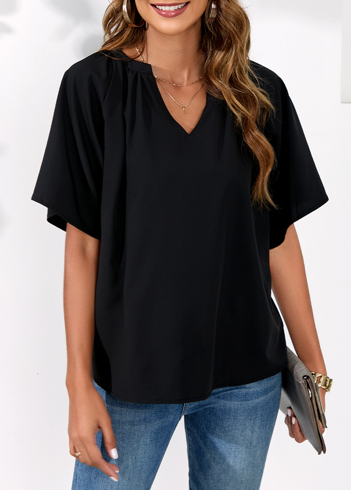Black tops,Plain Color tops,Split Neck Black Half Sleeve Blouse