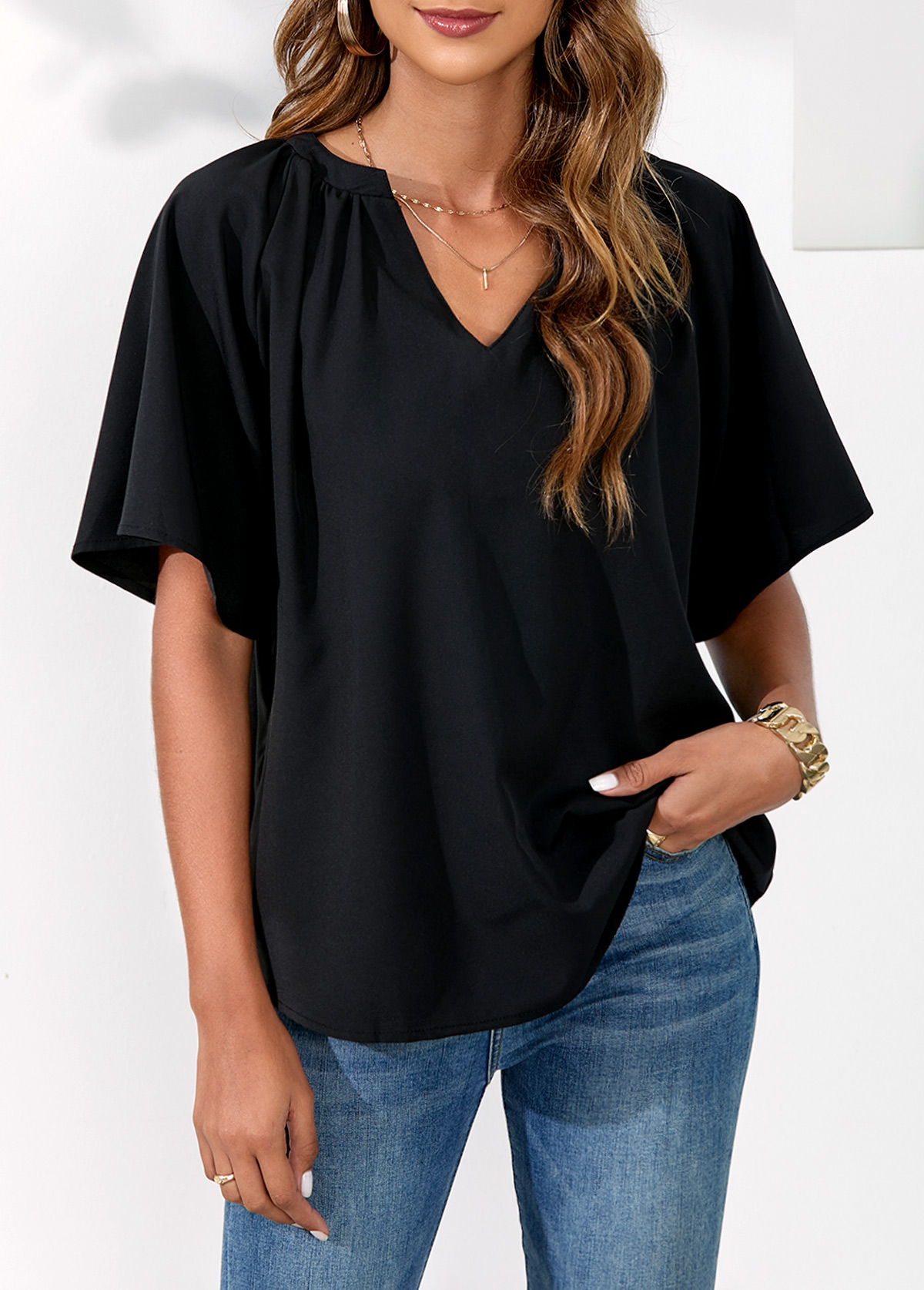 Black tops,Plain Color tops,Split Neck Black Half Sleeve Blouse