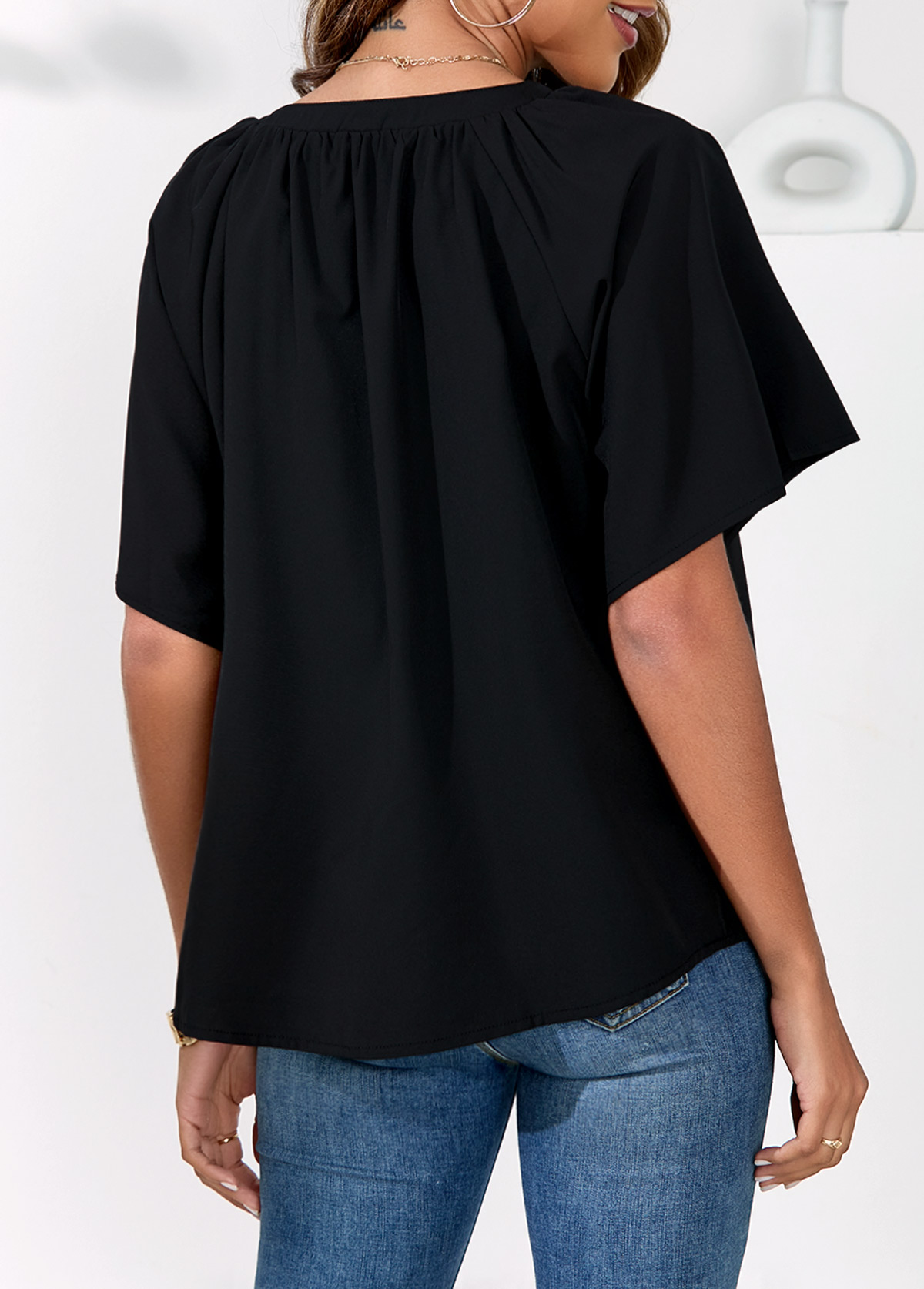Black tops,Plain Color tops,Split Neck Black Half Sleeve Blouse