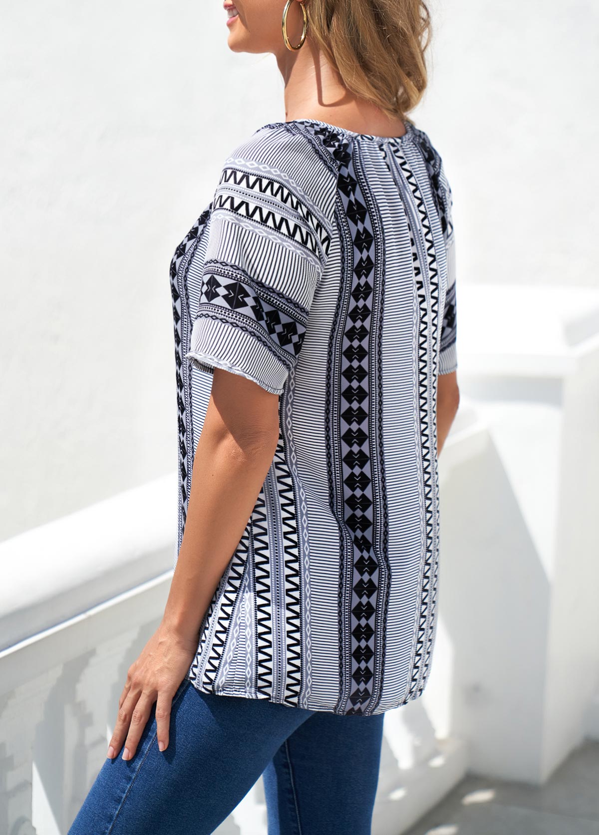 Grey tops,Tribal tops,ROTITA Grey Tribal Print Split Neck Blouse