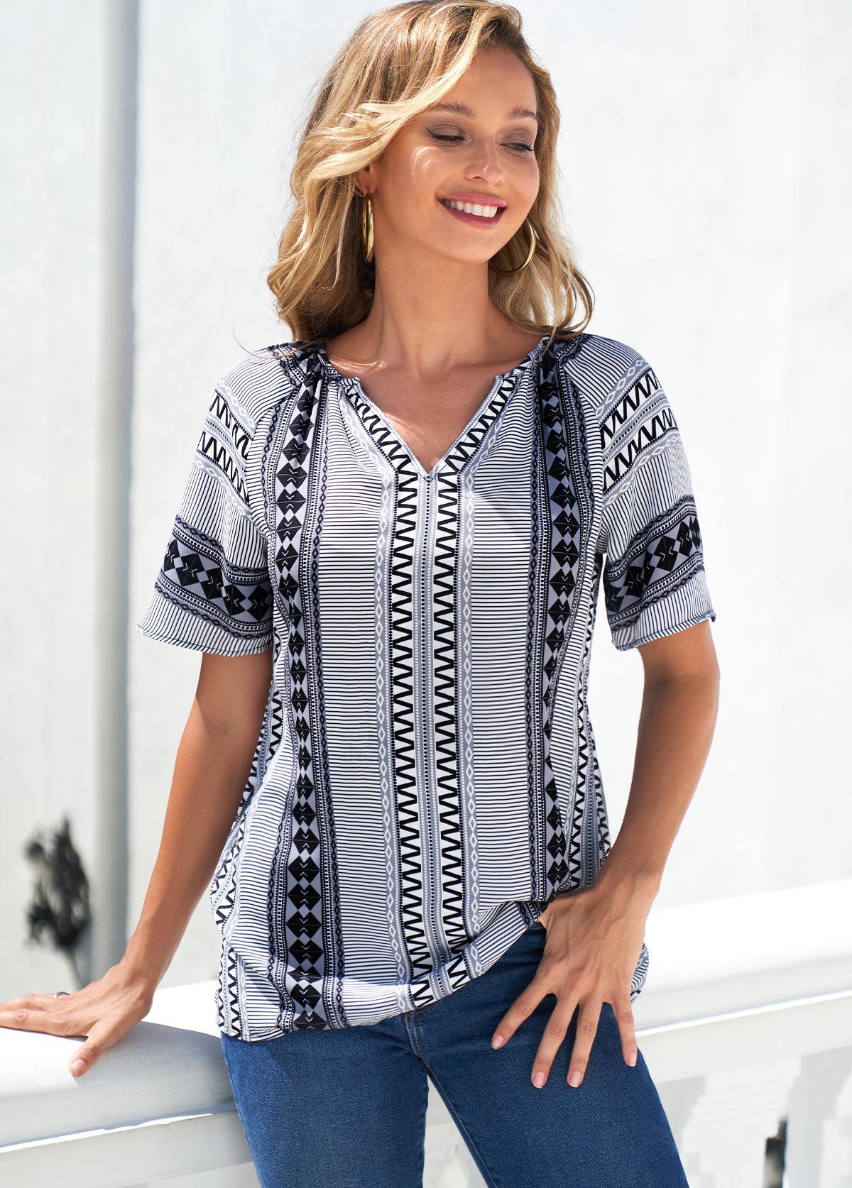 Grey tops,Tribal tops,ROTITA Grey Tribal Print Split Neck Blouse