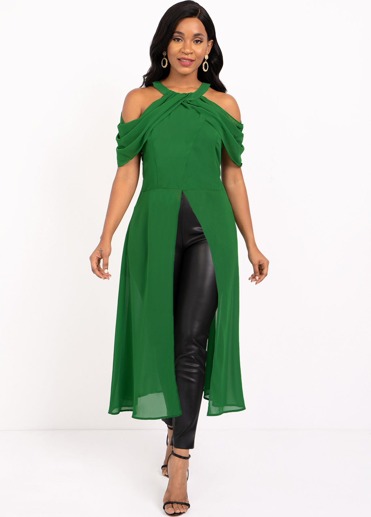Green tops,Plain Color tops,ROTITA Cold Shoulder Green Front Slit Blouse