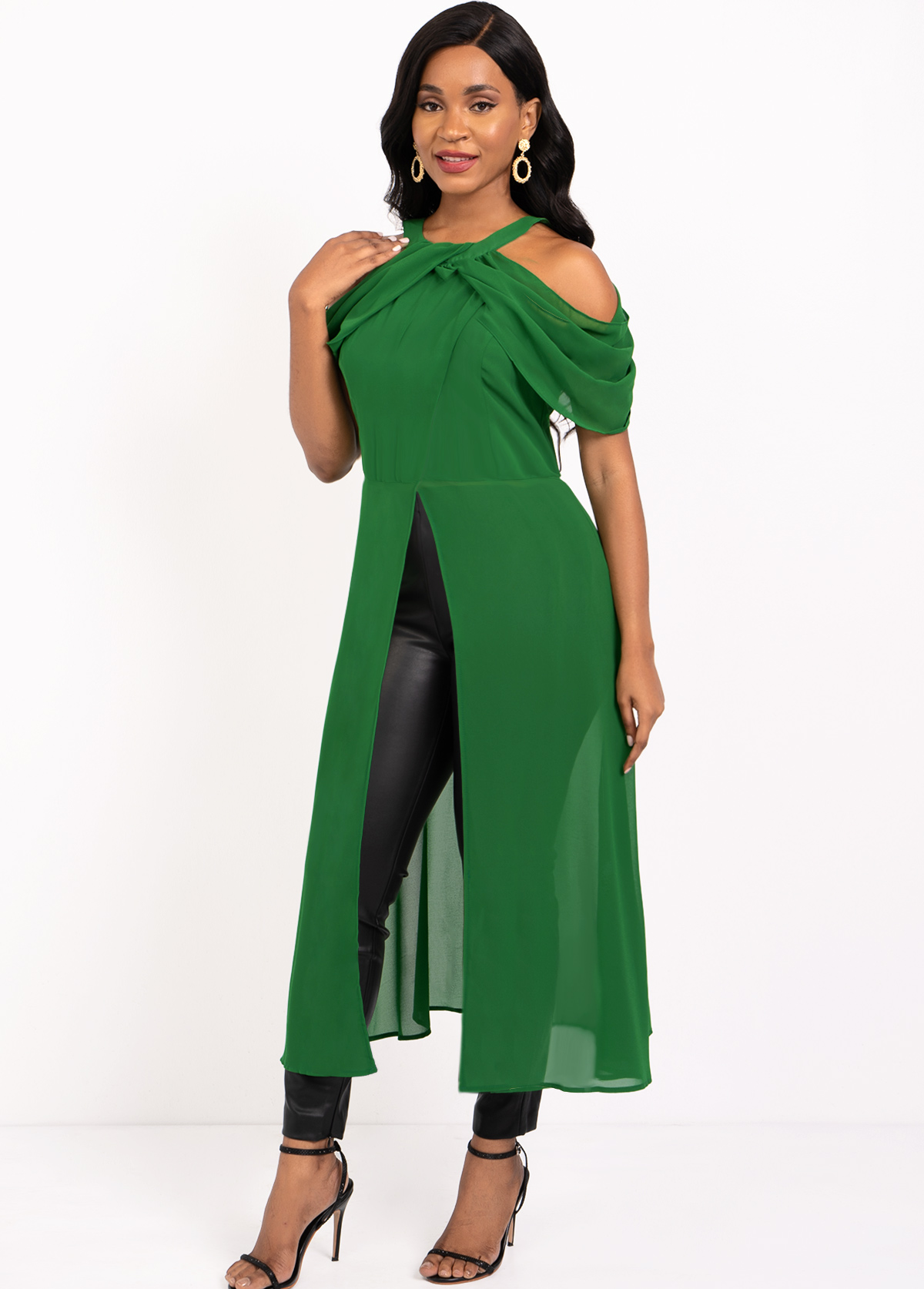 Green tops,Plain Color tops,ROTITA Cold Shoulder Green Front Slit Blouse