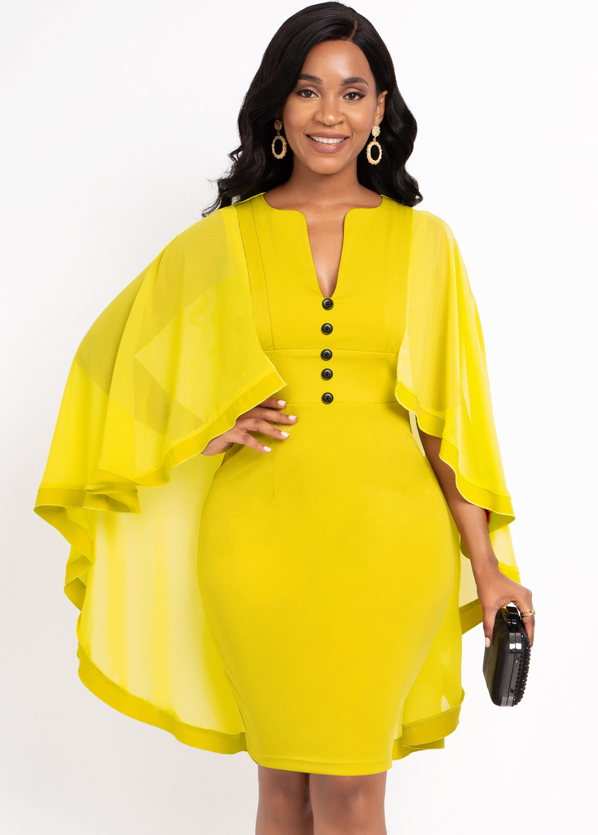 ROTITA Decorative Button Yellow Mesh Stitching Cape Sleeve Dress