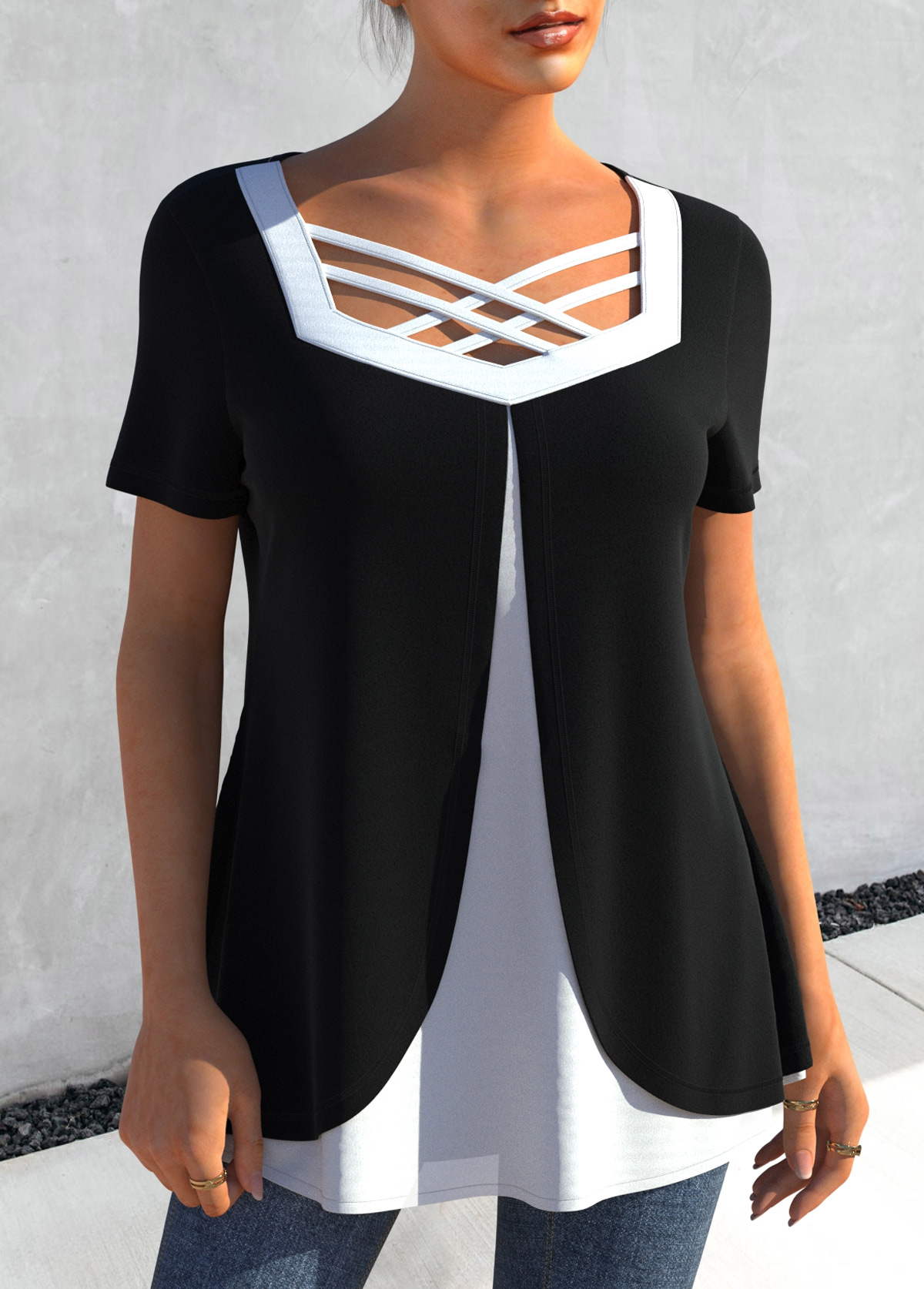 Black tops,Contrast Color tops,ROTITA Cross Strap Black Contrast T Shirt