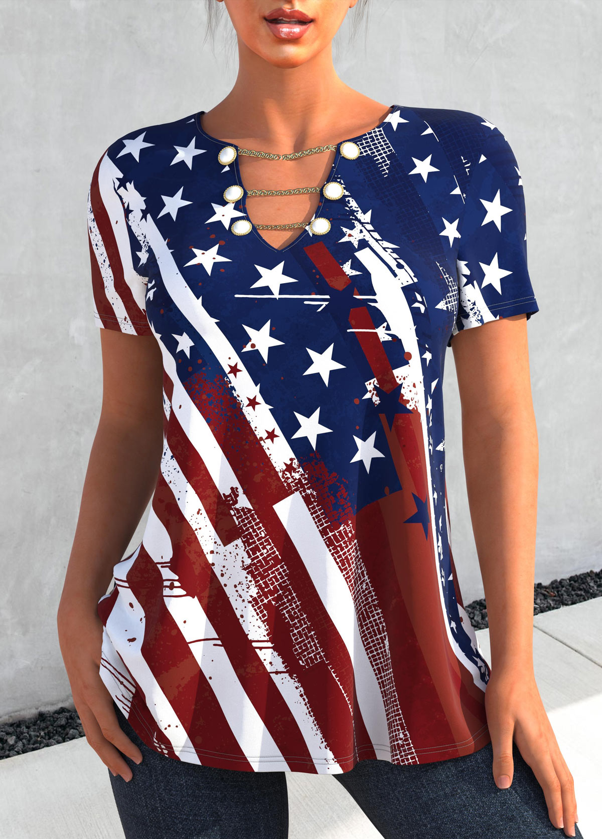 ROTITA Color Block American Flag Print T Shirt