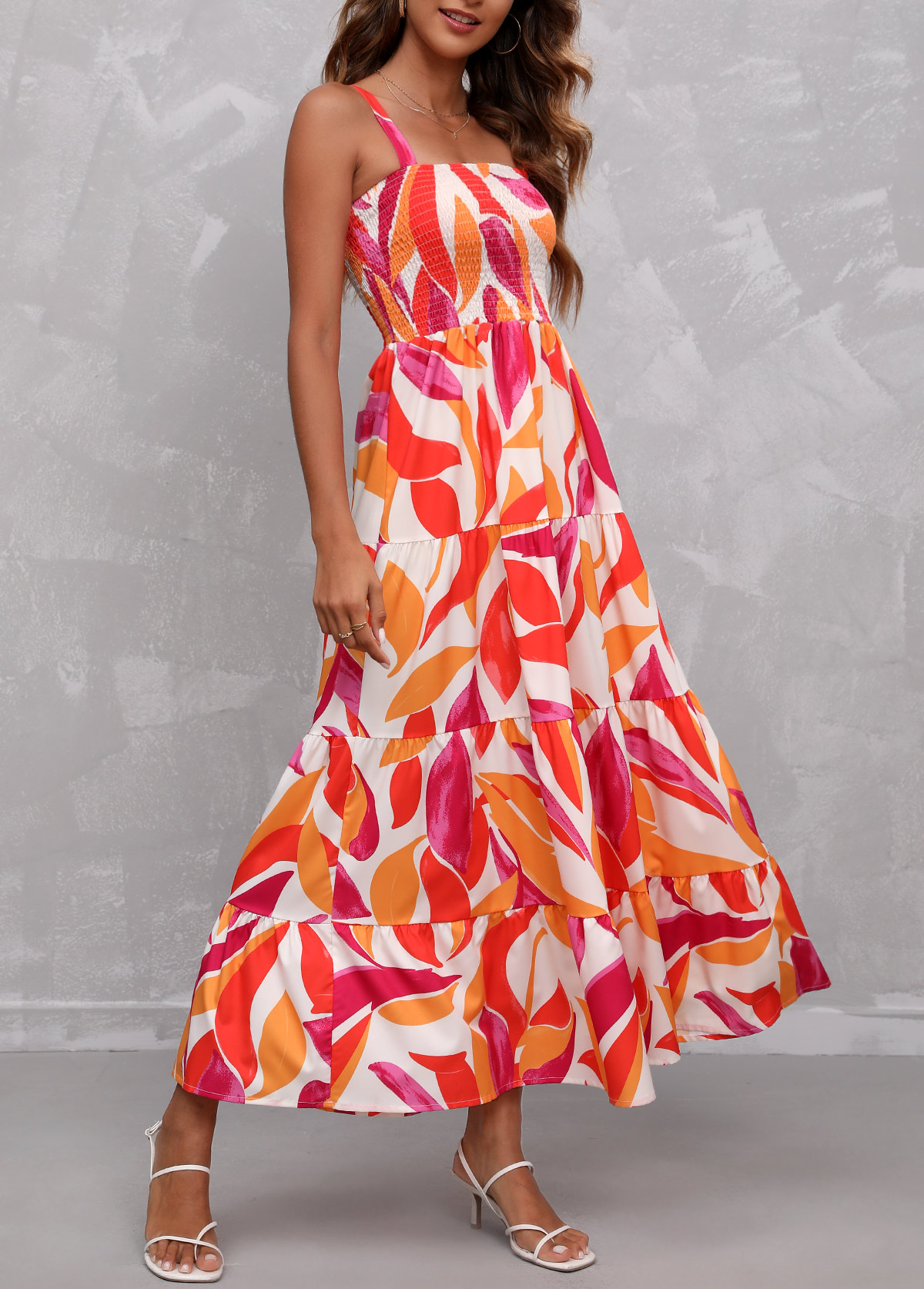 Printed Smocked Wide Strap Multi Color Dress