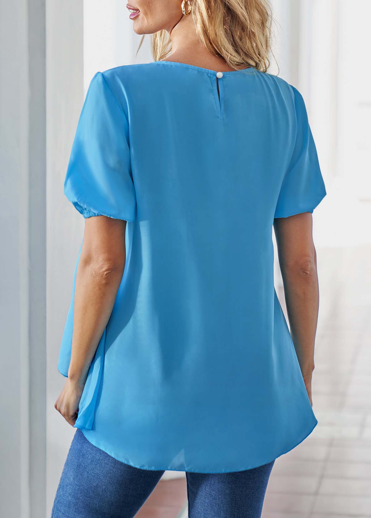 Plain Color tops,ROTITA Sky Blue Layered Hem Short Sleeve Blouse