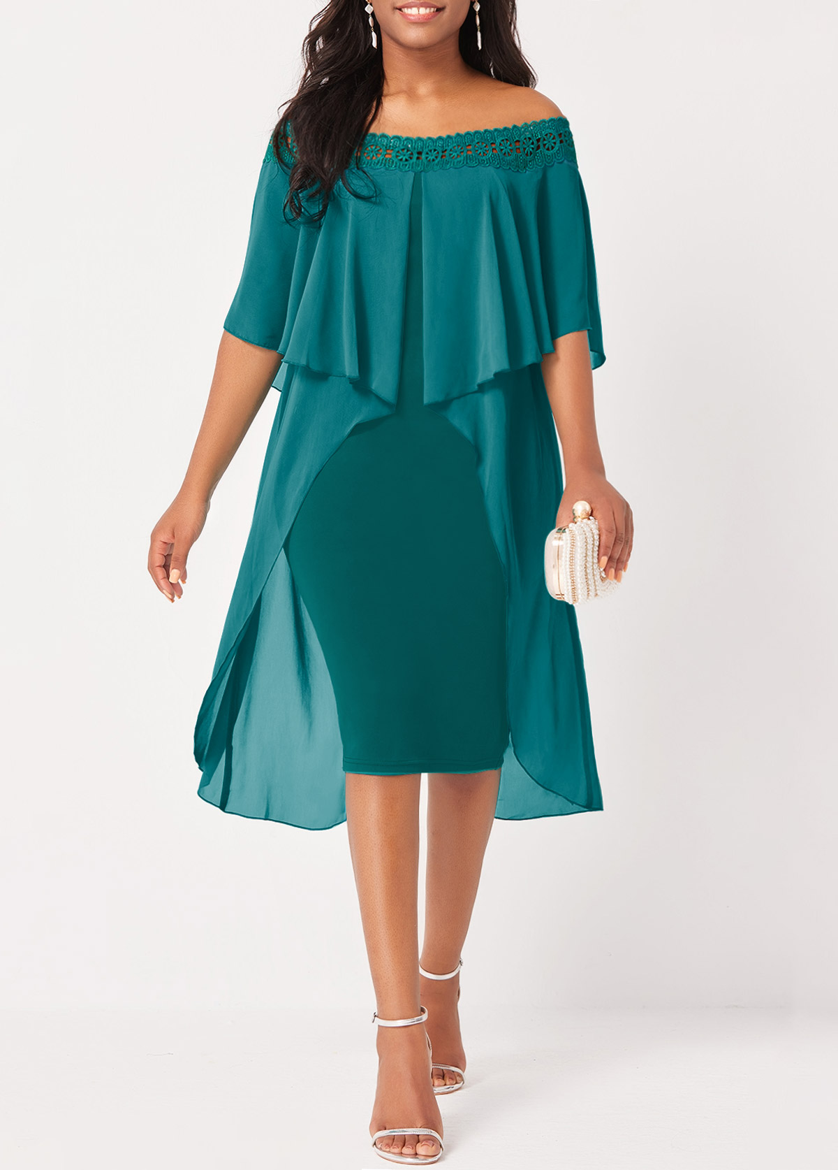 ROTITA Off Shoulder Turquoise Lace Stitching Flounce Dress