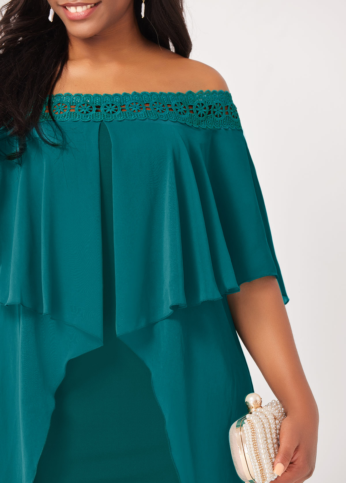 Turquoise dresses,Plain Color dresses,ROTITA Off Shoulder Turquoise Lace Stitching Flounce Dress