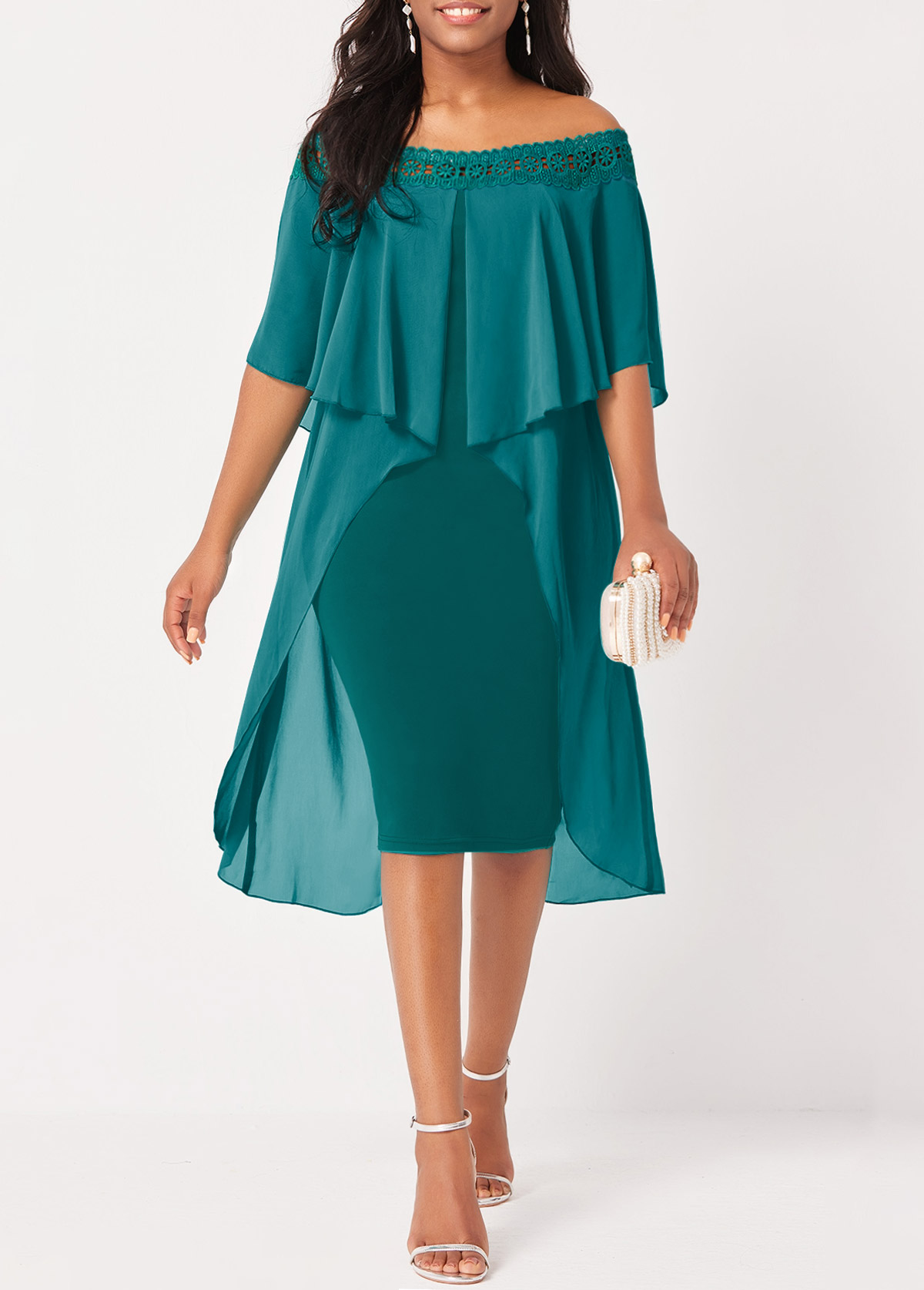 Turquoise dresses,Plain Color dresses,ROTITA Off Shoulder Turquoise Lace Stitching Flounce Dress