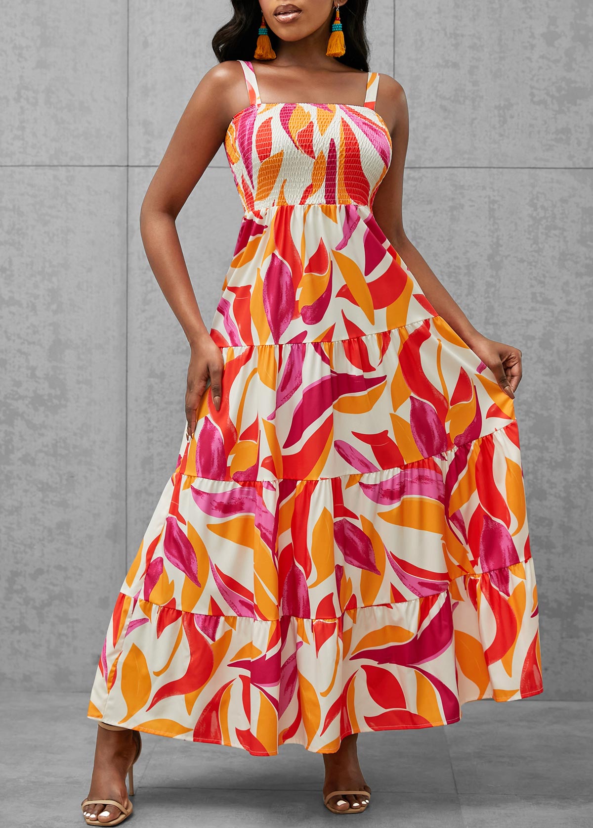 Leaf Print Multi Color Smocked Dress