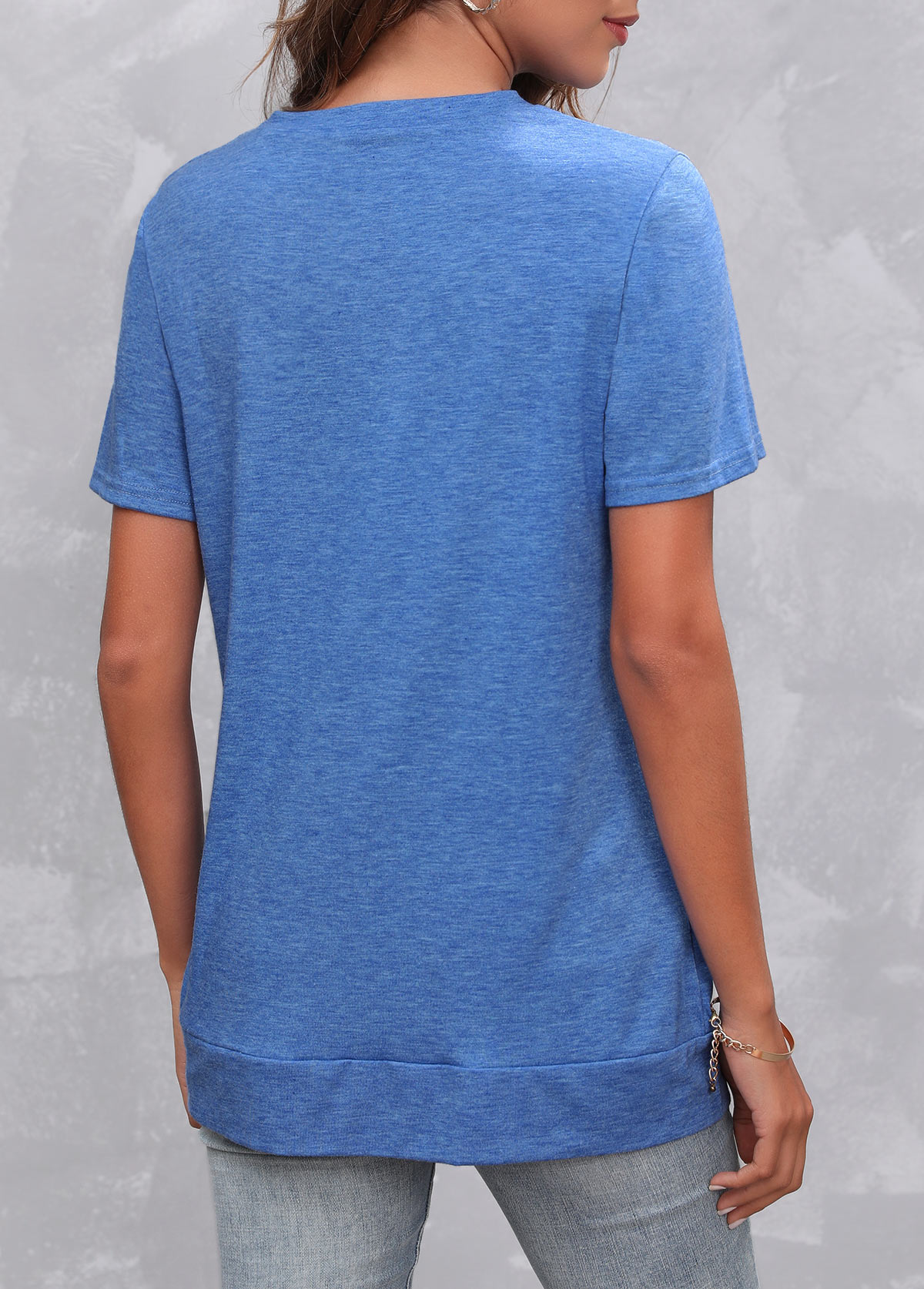 Royal Blue tops,Plain Color tops,Double Side Pockets V Neck Royal Blue T Shirt