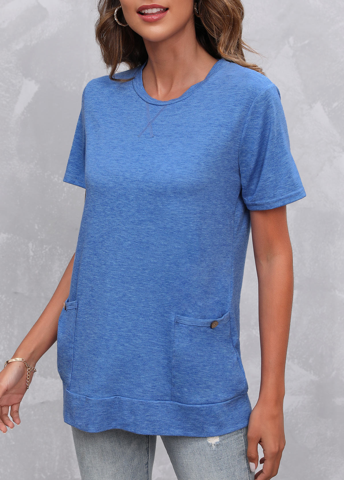 Royal Blue tops,Plain Color tops,Double Side Pockets V Neck Royal Blue T Shirt