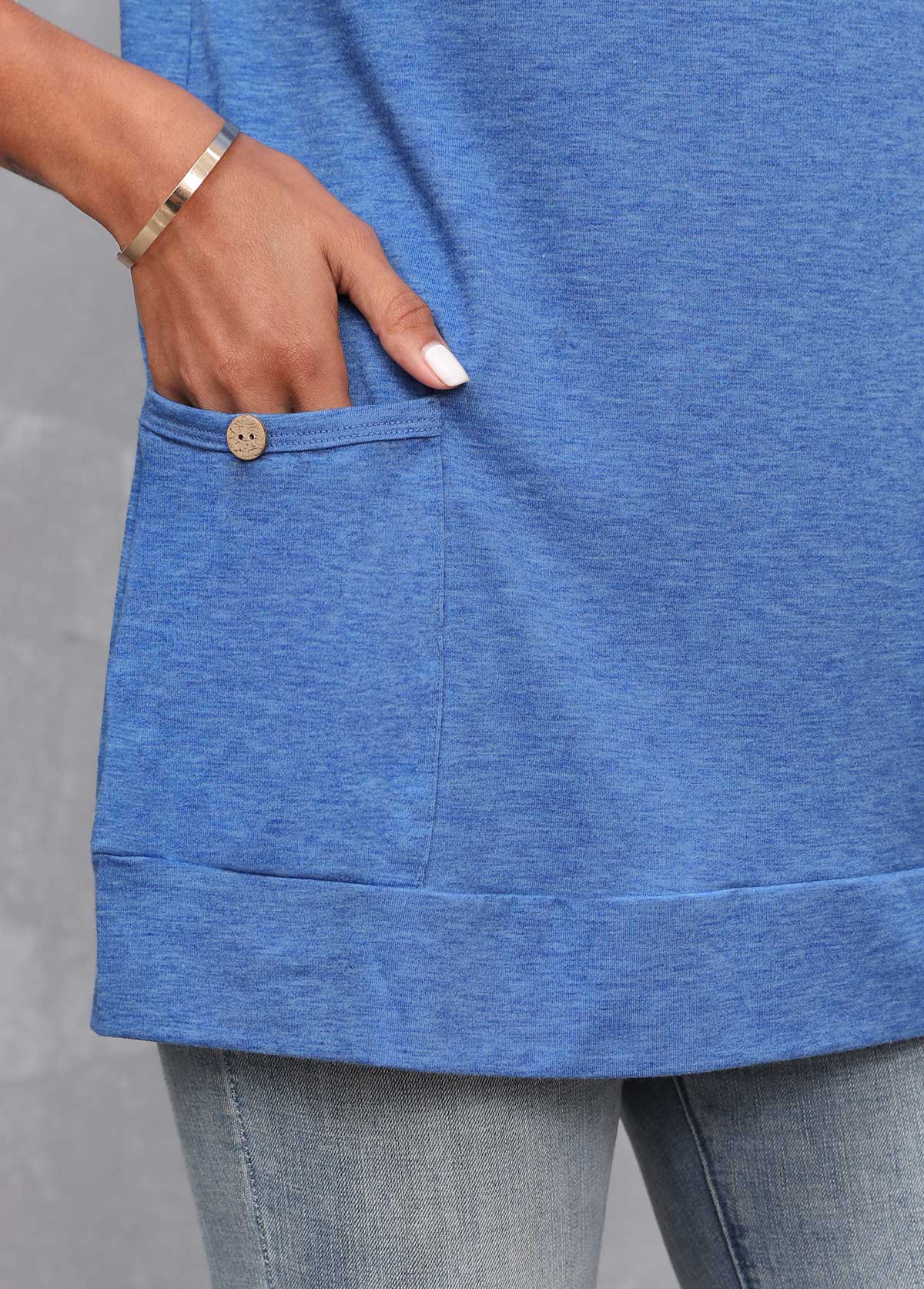 Royal Blue tops,Plain Color tops,Double Side Pockets V Neck Royal Blue T Shirt