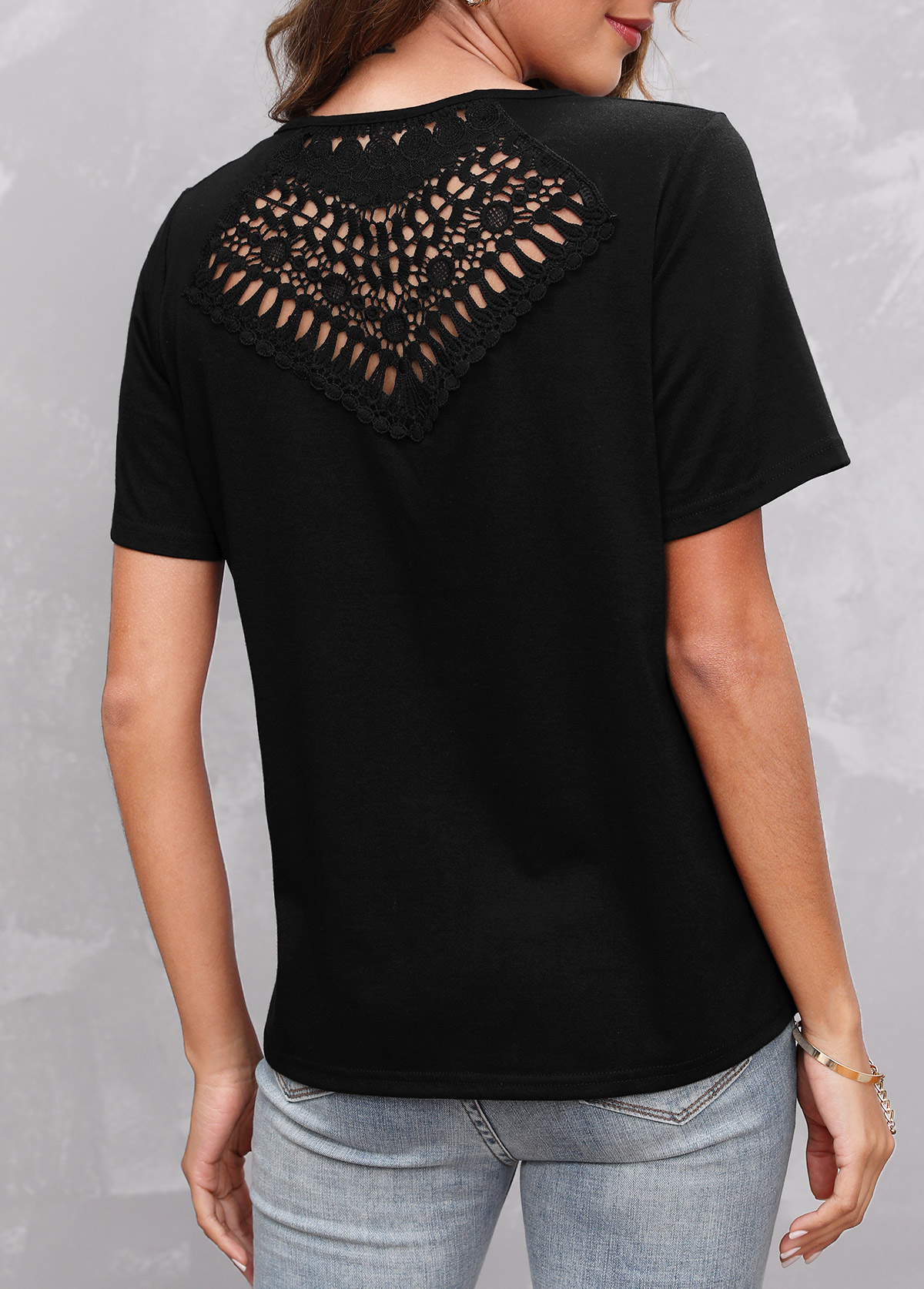 Black Lace Patchwork Round Neck Short Sleeve T Shirt