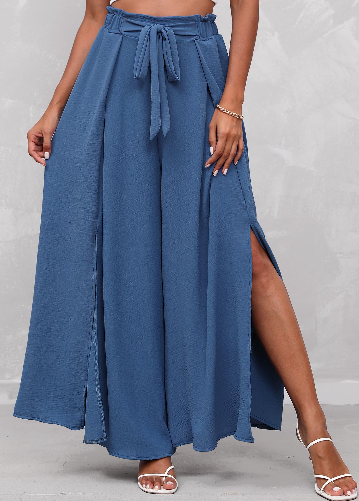 High Waisted Side Slit Tie Front Blue Pants