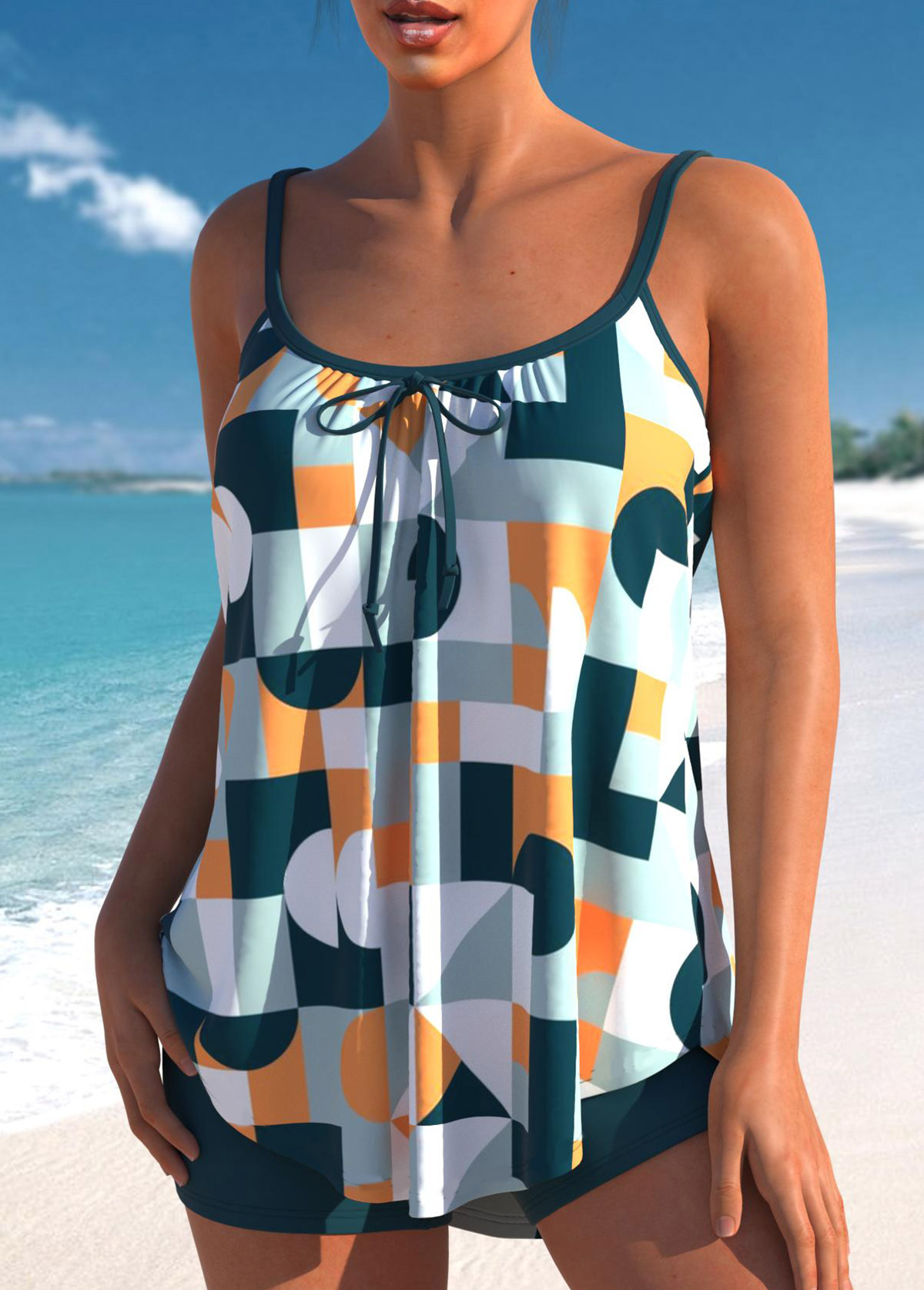 Green swimwear,Geometric swimwear,ROTITA Geometric Print Bowknot Green Tankini Set